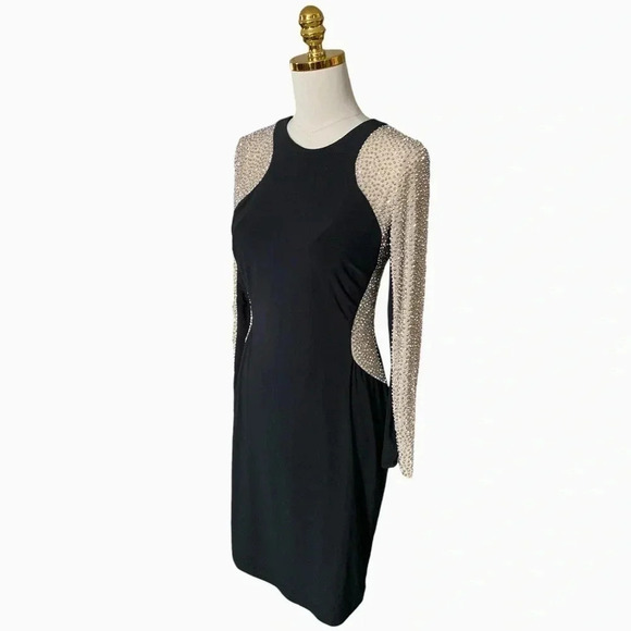 XSCAPE | Crystals Embellished Mesh-Trimmed Sheath Black Evening Dress Size 10 - Picture 5 of 14